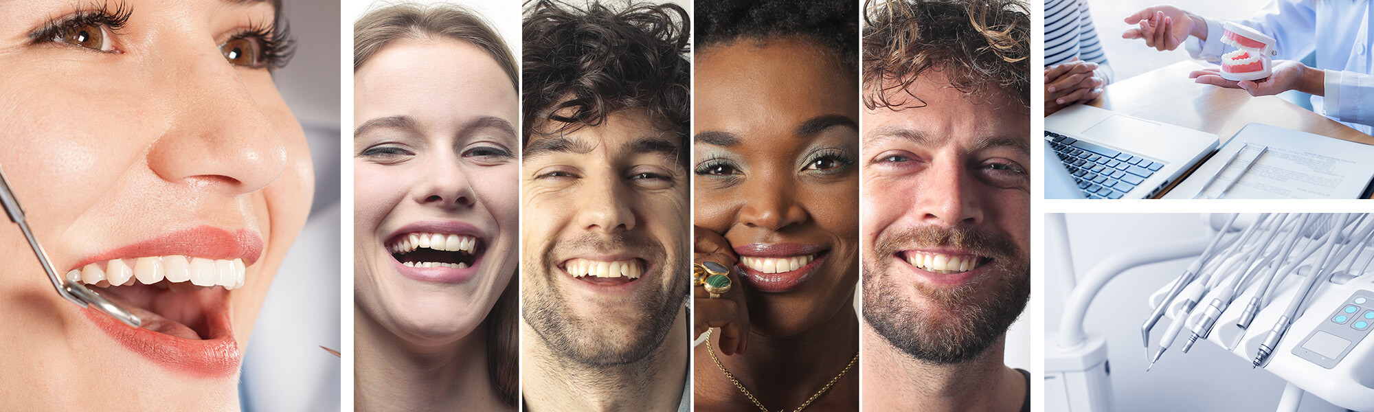 Verschiedene glückliche Patienten lachen, während ein Mann sie individuell berät – symbolisiert barrierefreie Betreuung.